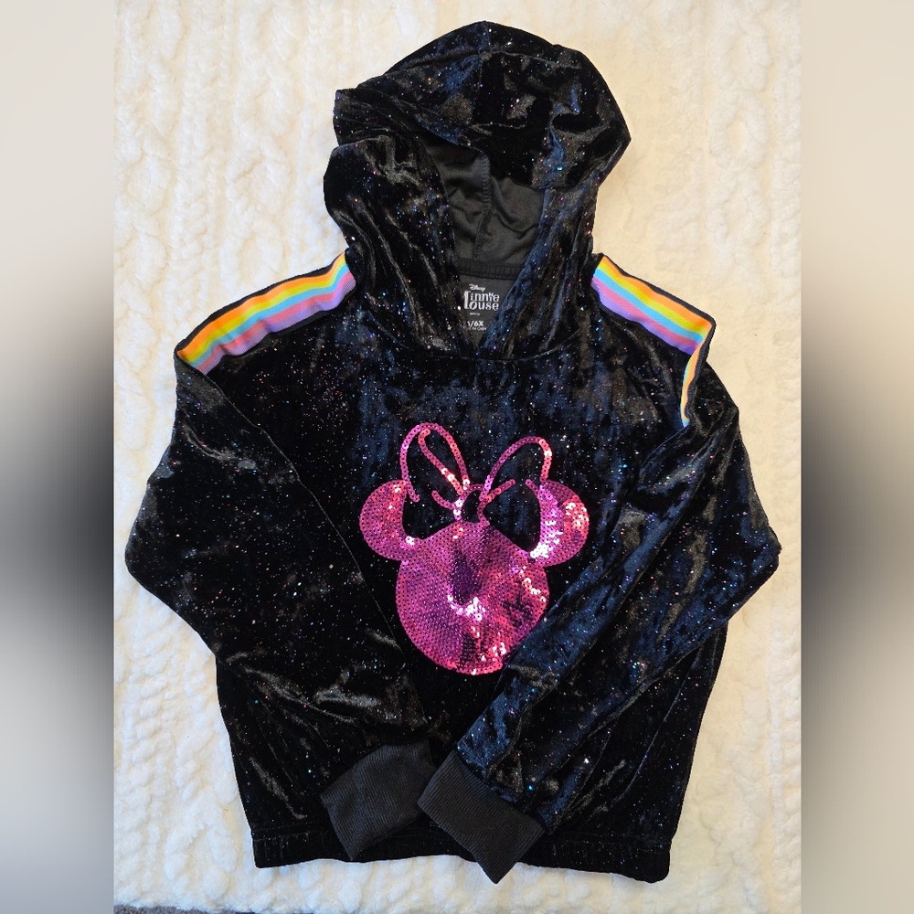 Disney Minnie Mouse Black Velvet Sequin Hoodie – Girls 6/6X – Rainbow Sleeve